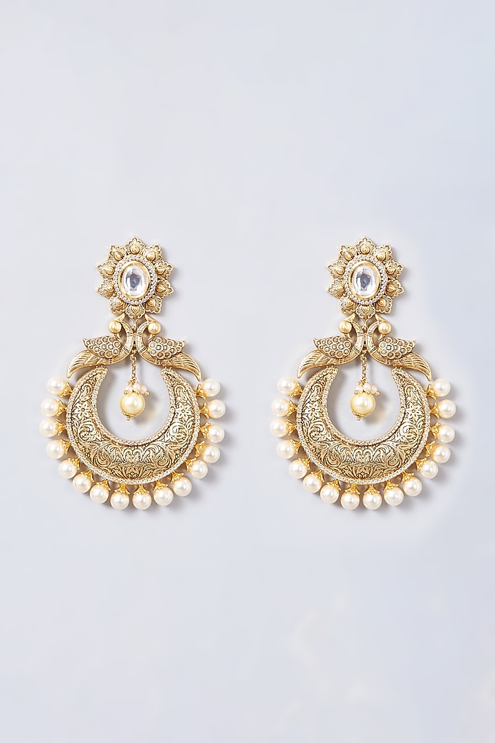 Gold Finish Pearl & Kundan Polki Chandbaali Earrings by Anjali Jain Jewellery at Pernia's Pop Up Shop