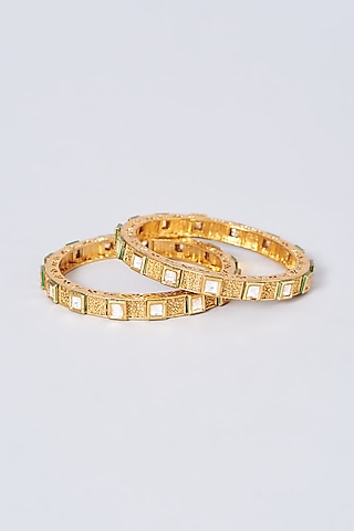 Gold Finish Kundan Polki Bangles (Set of 2) by Anjali Jain Jewellery