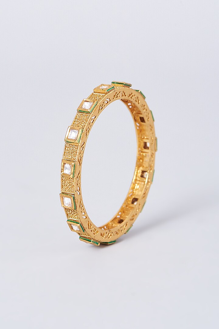 Gold Finish Kundan Polki Bangles (Set of 2) by Anjali Jain Jewellery at Pernia's Pop Up Shop