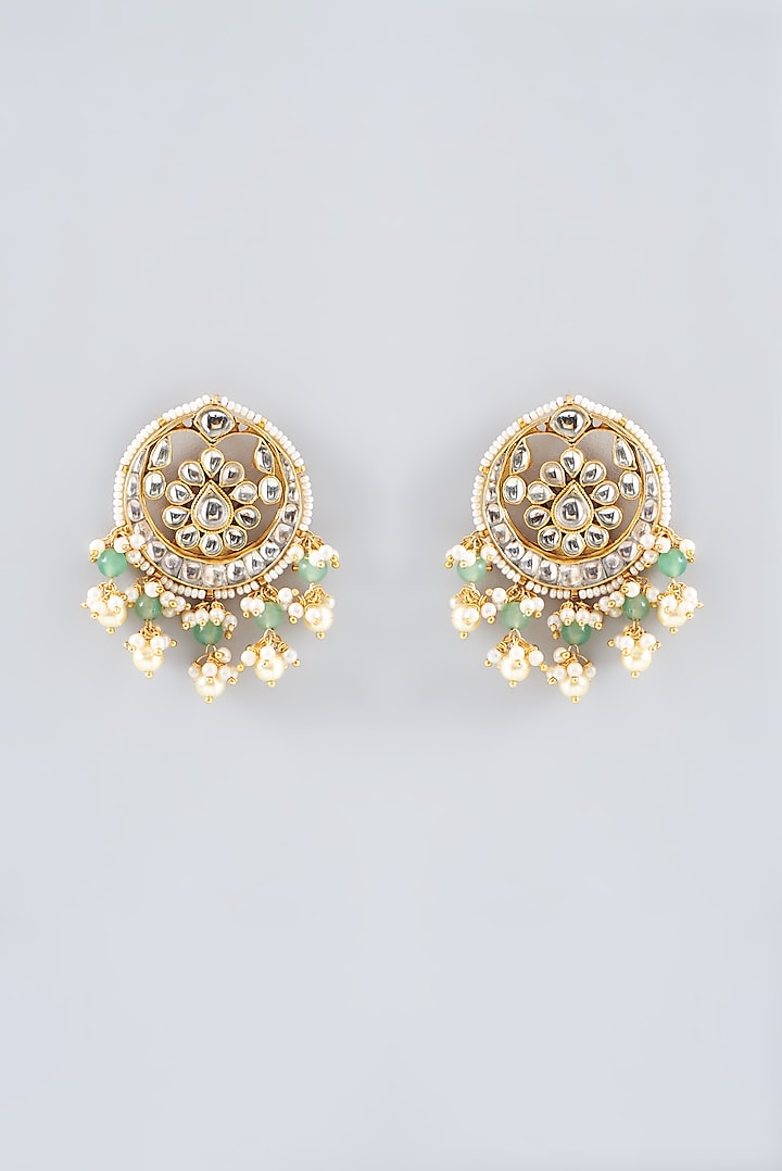Gold Finish Kundan Polki & Pearl Chandbali Earrings by Anjali Jain Jewellery