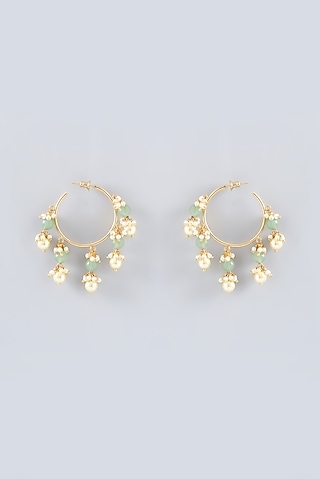 Gold Finish Agate & Pearl Hoop Earrings by Anjali Jain Jewellery