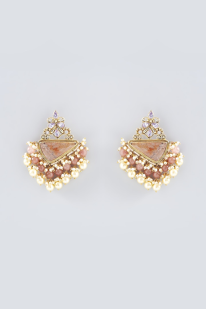 Gold Finish Kundan Polki & Rose Quartz Dangler Earrings by Anjali Jain Jewellery