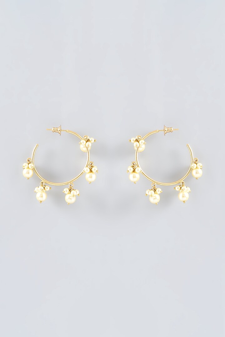Gold Finish Pearl Hoop Earrings by Anjali Jain Jewellery