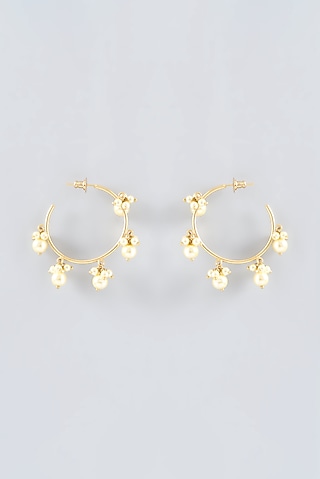 Gold Finish Pearl Hoop Earrings by Anjali Jain Jewellery