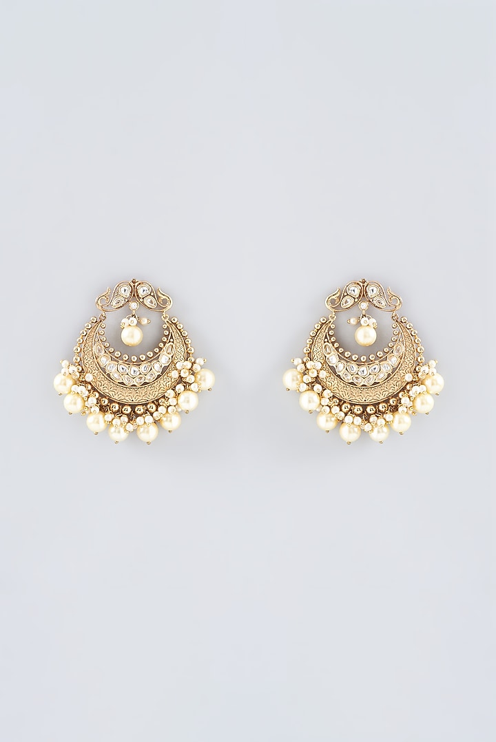 Gold Finish Kundan Polki & Pearl Chandbali Earrings by Anjali Jain Jewellery at Pernia's Pop Up Shop