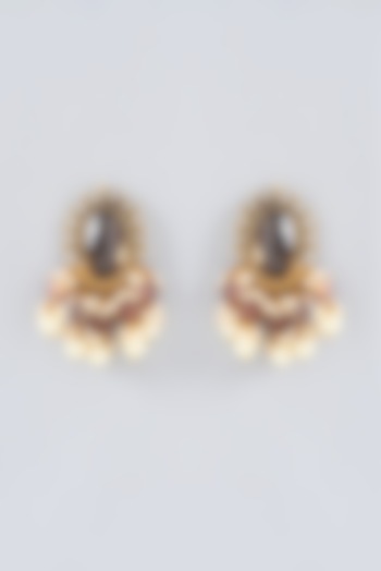 Gold Finish Kundan Polki & Brown Onyx Dangler Earrings by Anjali Jain Jewellery