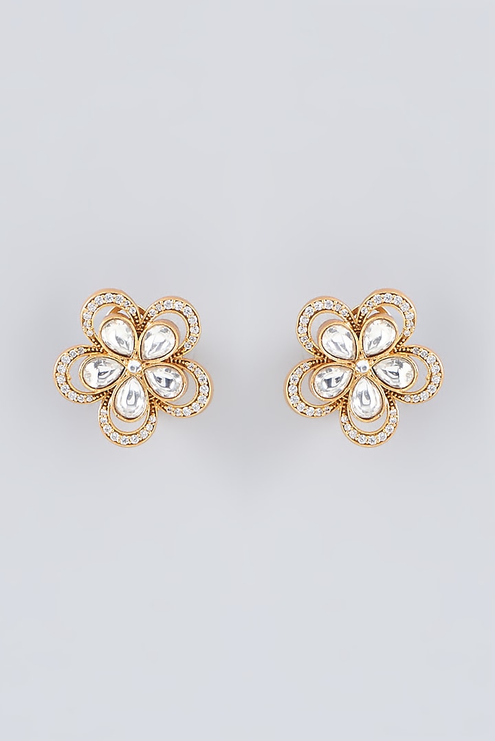 Gold Finish Kundan Polki Floral Stud Earrings by Anjali Jain Jewellery at Pernia's Pop Up Shop