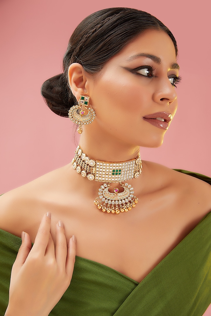 Gold Finish Kundan Polki & Pearl Choker Necklace Set by Anjali Jain Jewellery at Pernia's Pop Up Shop