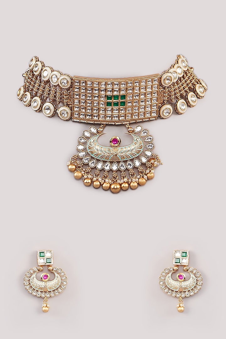 Gold Finish Kundan Polki & Pearl Choker Necklace Set by Anjali Jain Jewellery at Pernia's Pop Up Shop