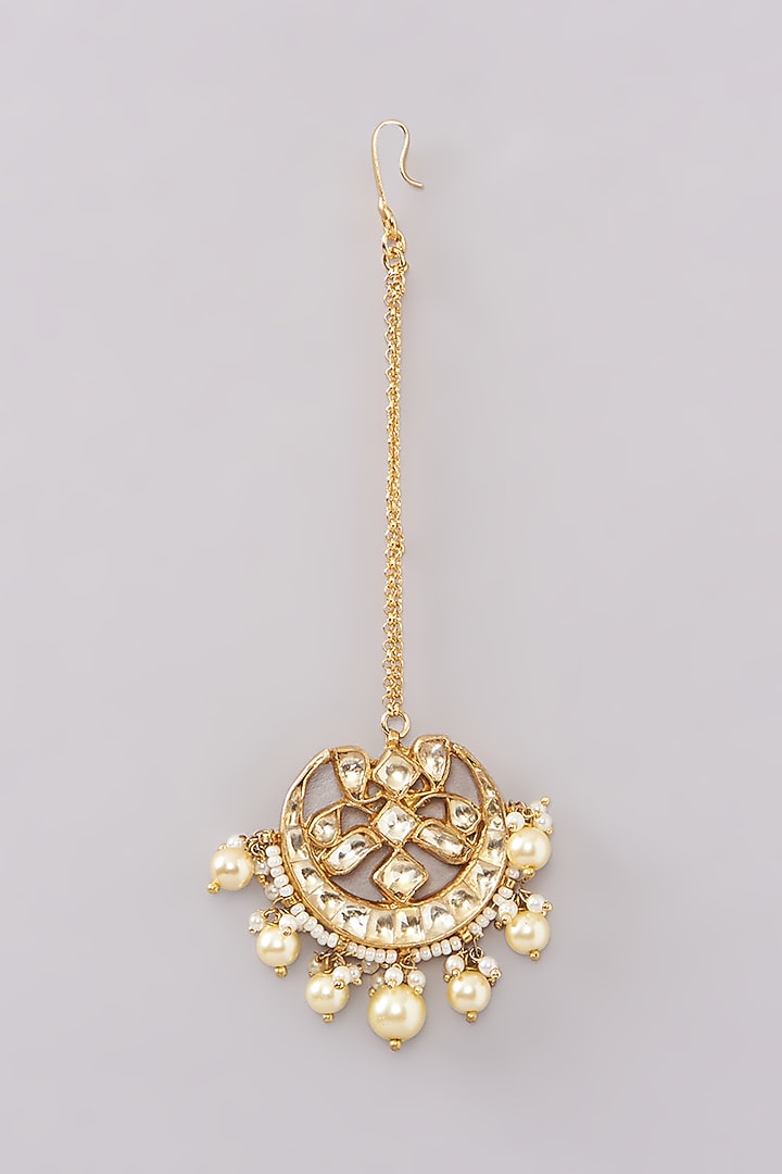 Gold Plated Kundan Polki & Pearl Maangtikka by Anjali Jain Jewellery at Pernia's Pop Up Shop