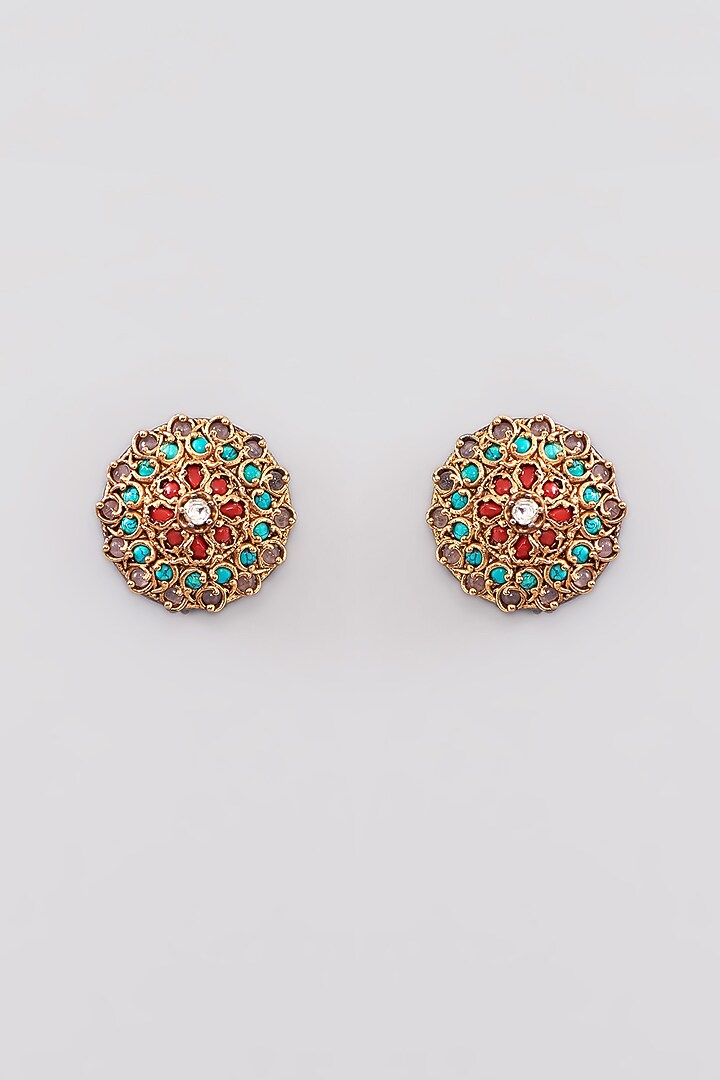 Gold Finish Kundan Polki & Onyx Stud Earrings by Anjali Jain Jewellery at Pernia's Pop Up Shop