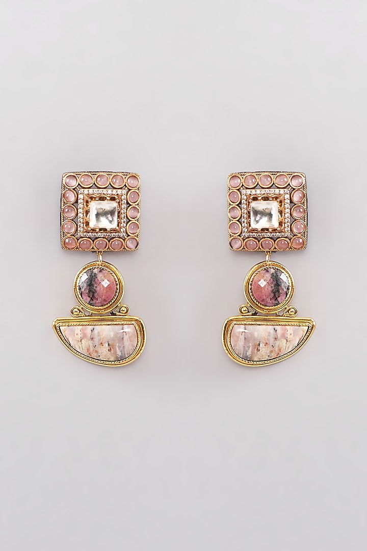 Gold Finish Kundan Polki & Pink Onyx Dangler Earrings by Anjali Jain Jewellery at Pernia's Pop Up Shop