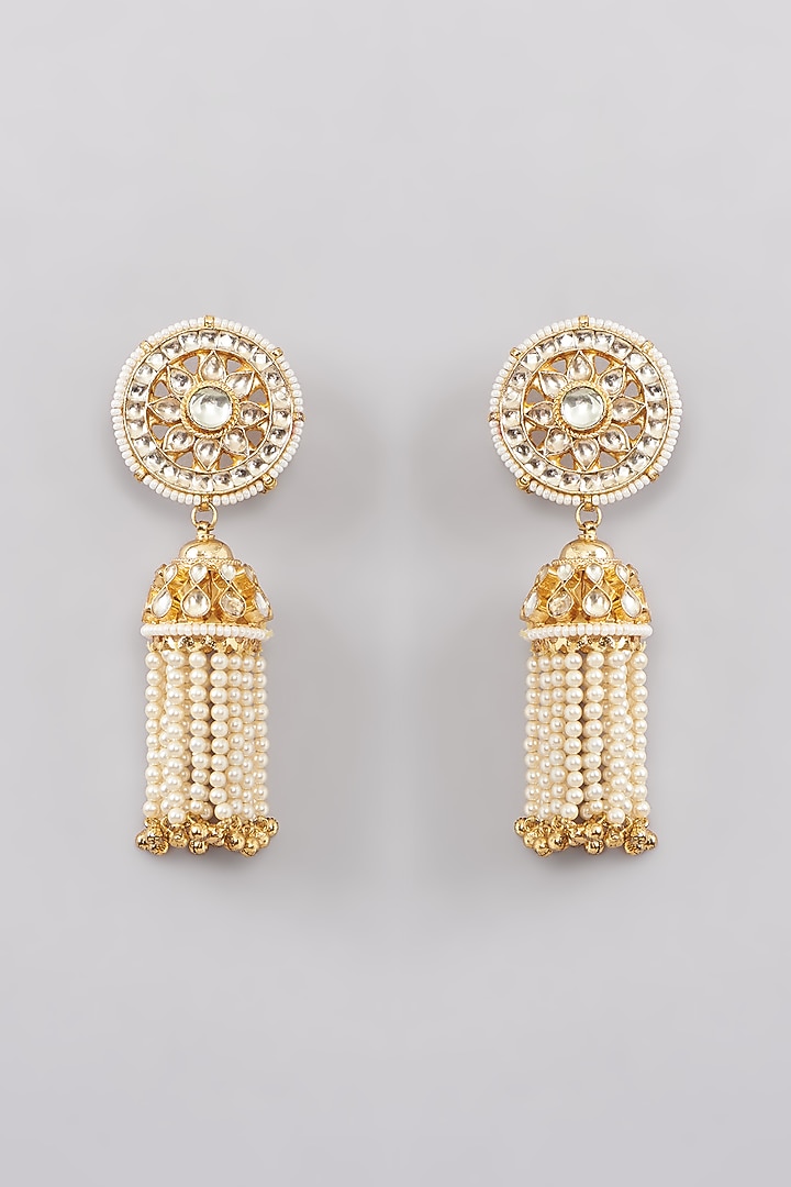 Gold Finish Kundan Polki & Pearl Jhumka Earrings by Anjali Jain Jewellery at Pernia's Pop Up Shop