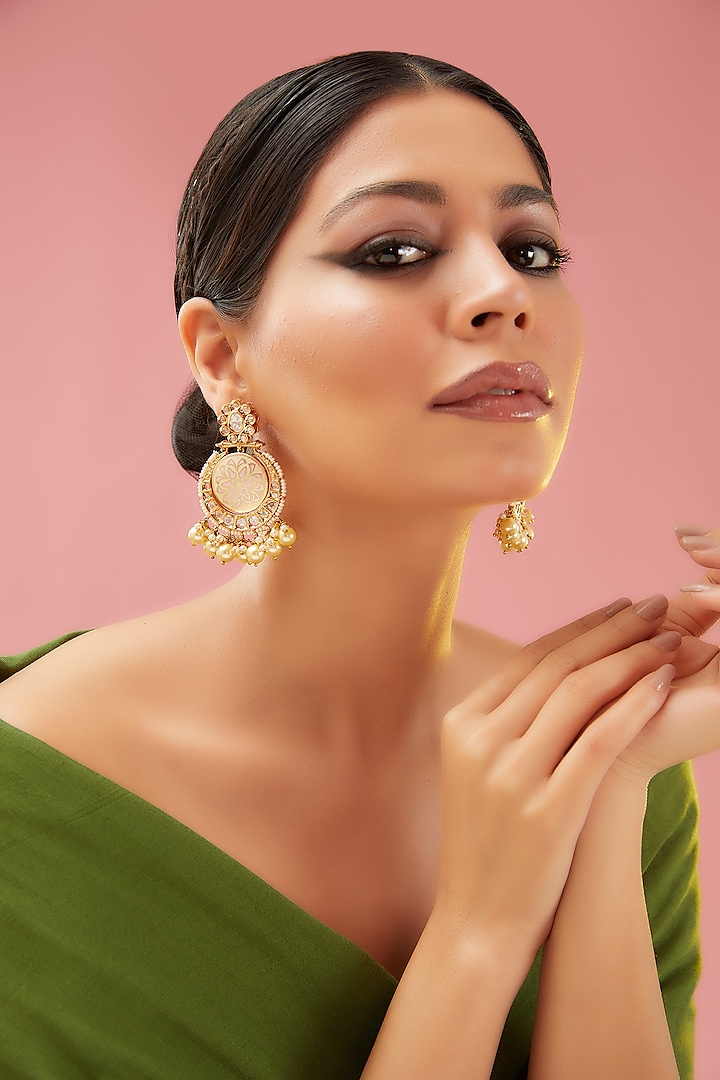 Gold Finish Kundan Polki Chandbaali Earrings by Anjali Jain Jewellery at Pernia's Pop Up Shop