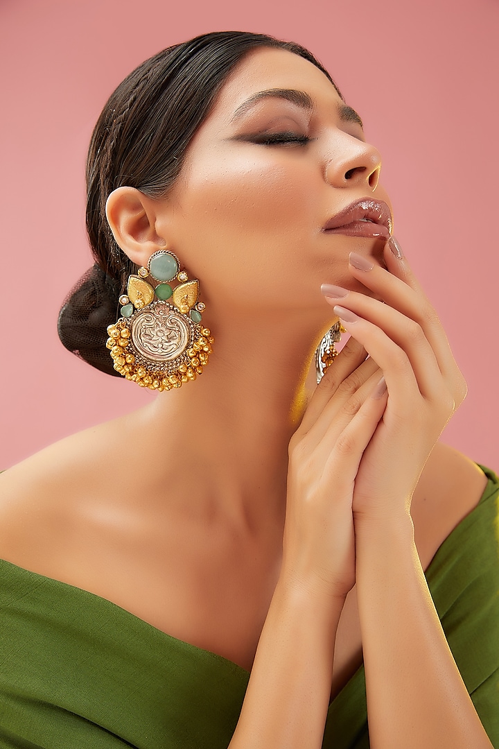 Two-Tone Finish Kundan Polki & Mint Quartz Chandbaali Earrings by Anjali Jain Jewellery at Pernia's Pop Up Shop