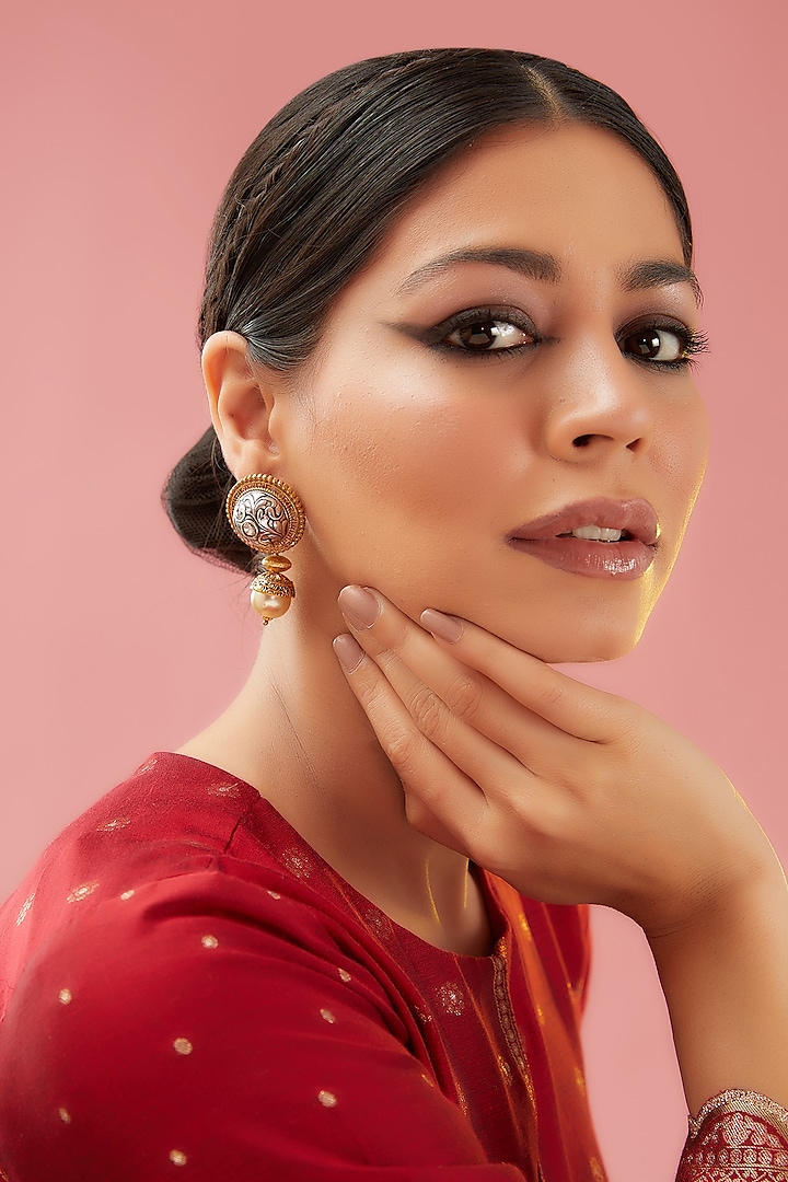 Gold Finish Kundan Polki & Pearl Stud Earrings by Anjali Jain Jewellery at Pernia's Pop Up Shop