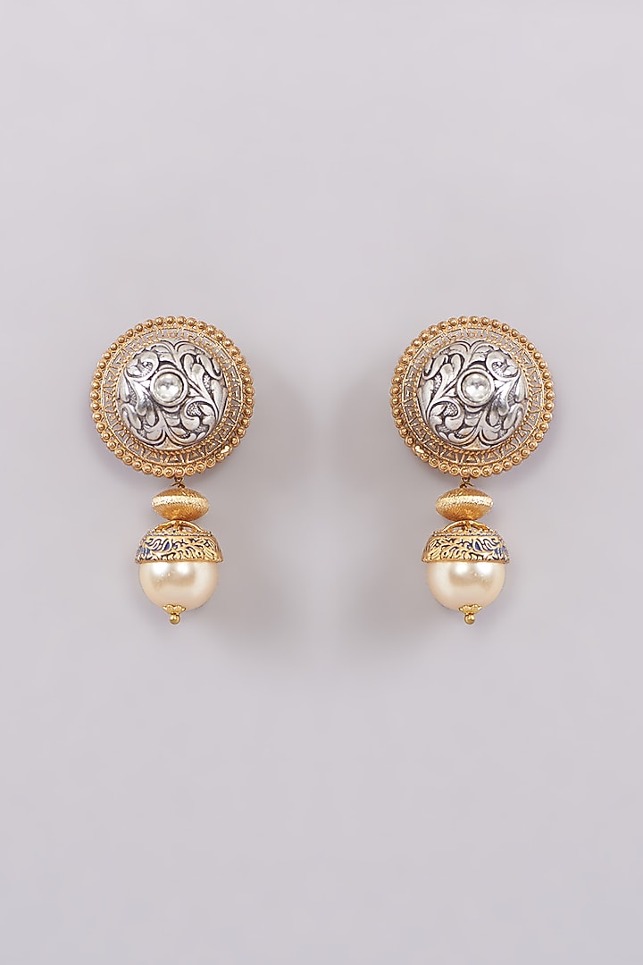 Gold Finish Kundan Polki & Pearl Stud Earrings by Anjali Jain Jewellery at Pernia's Pop Up Shop