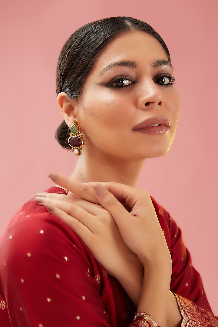 Gold Finish Onyx Dangler Earrings by Anjali Jain Jewellery