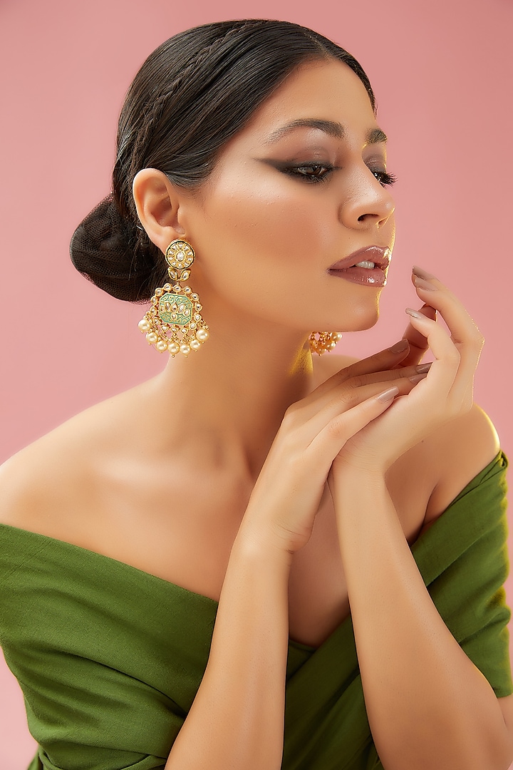 Gold Finish Kundan Polki & Pearl Chandbaali Earrings by Anjali Jain Jewellery