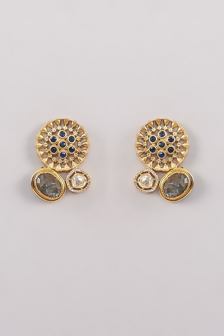 Gold Finish Kundan Polki & Labradorite Stud Earrings by Anjali Jain Jewellery at Pernia's Pop Up Shop