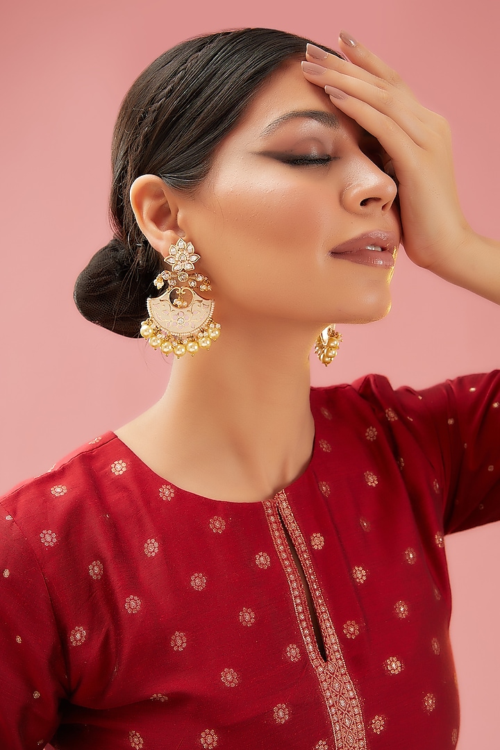 Gold Finish Kundan Polki & Pearl Chandbaali Earrings by Anjali Jain Jewellery at Pernia's Pop Up Shop