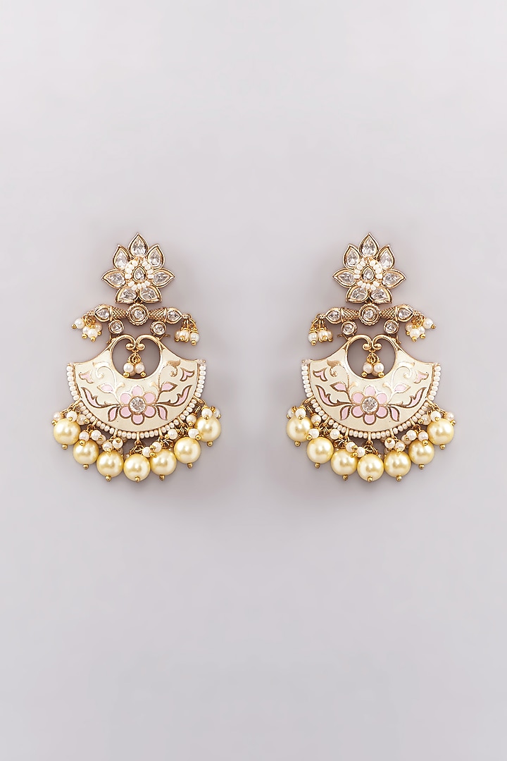 Gold Finish Kundan Polki & Pearl Chandbaali Earrings by Anjali Jain Jewellery at Pernia's Pop Up Shop