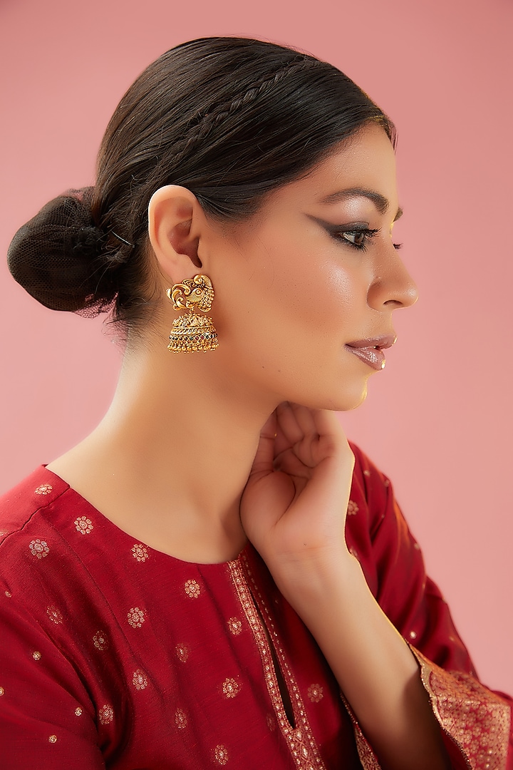 Gold Finish Kundan Polki & Beaded Jhumka Earrings by Anjali Jain Jewellery at Pernia's Pop Up Shop