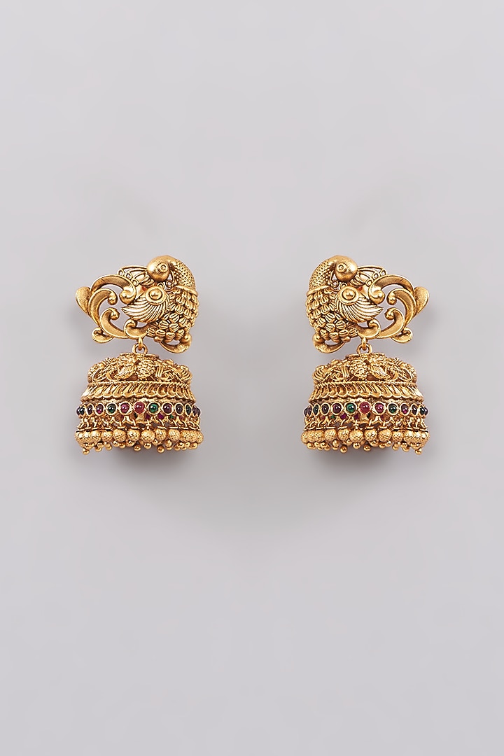 Gold Finish Kundan Polki & Beaded Jhumka Earrings by Anjali Jain Jewellery at Pernia's Pop Up Shop