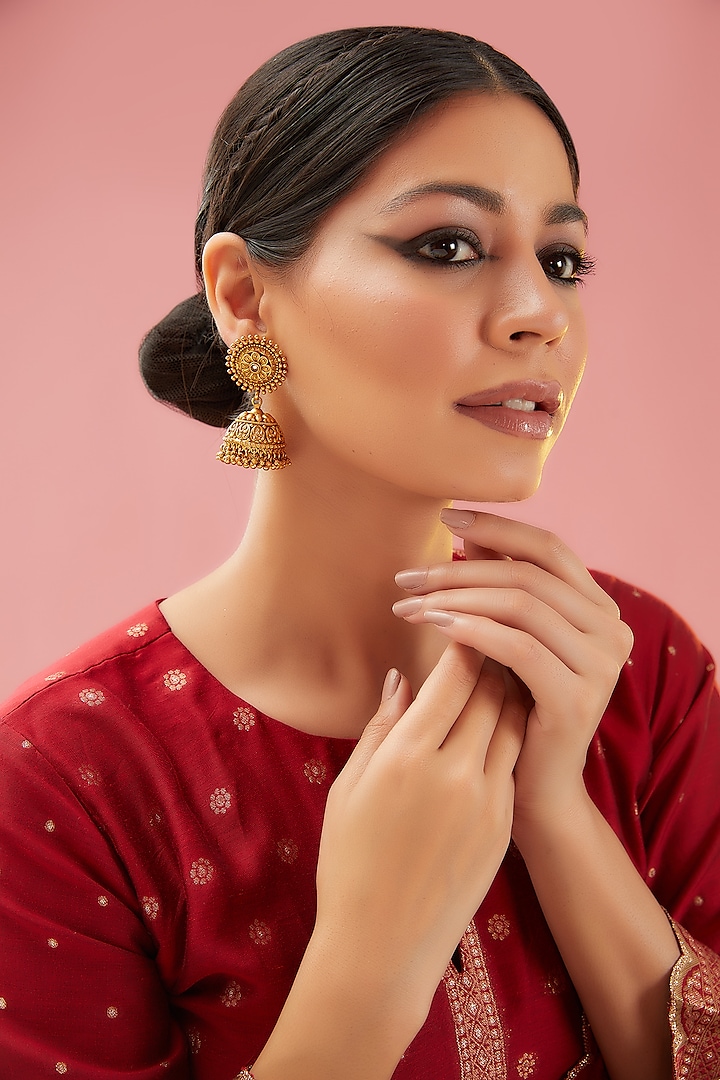 Gold Finish Kundan Polki & Beaded Jhumka Earrings by Anjali Jain Jewellery at Pernia's Pop Up Shop