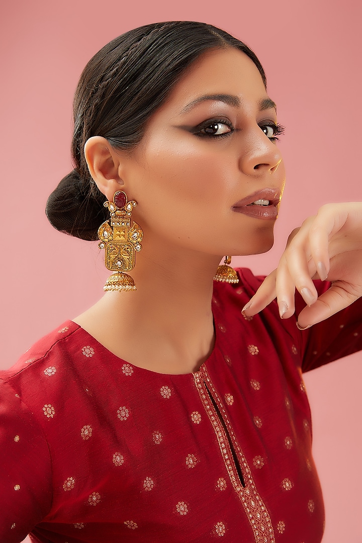 Gold Finish Ruby & Beaded Jhumka Earrings by Anjali Jain Jewellery