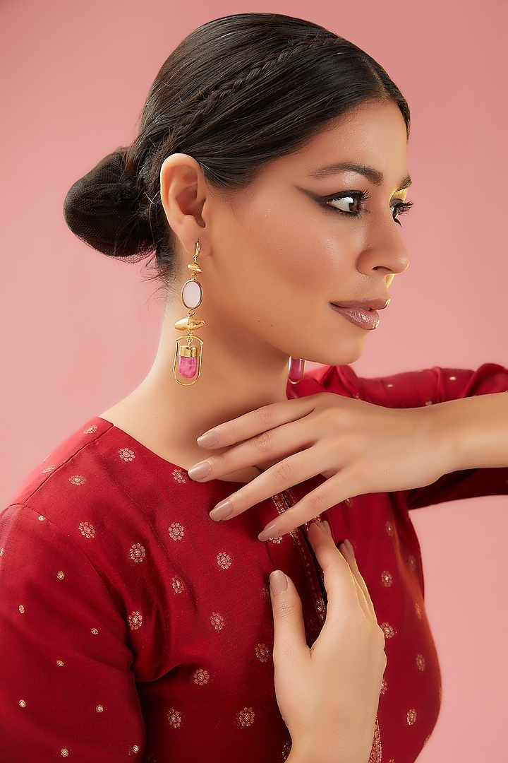 Gold Finish Quartz Dangler Earrings by Anjali Jain Jewellery