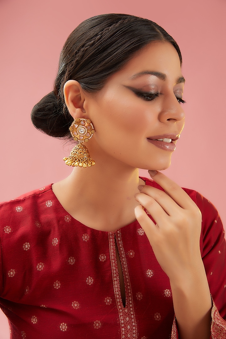 Gold Finish Kundan Polki Jhumka Earrings by Anjali Jain Jewellery
