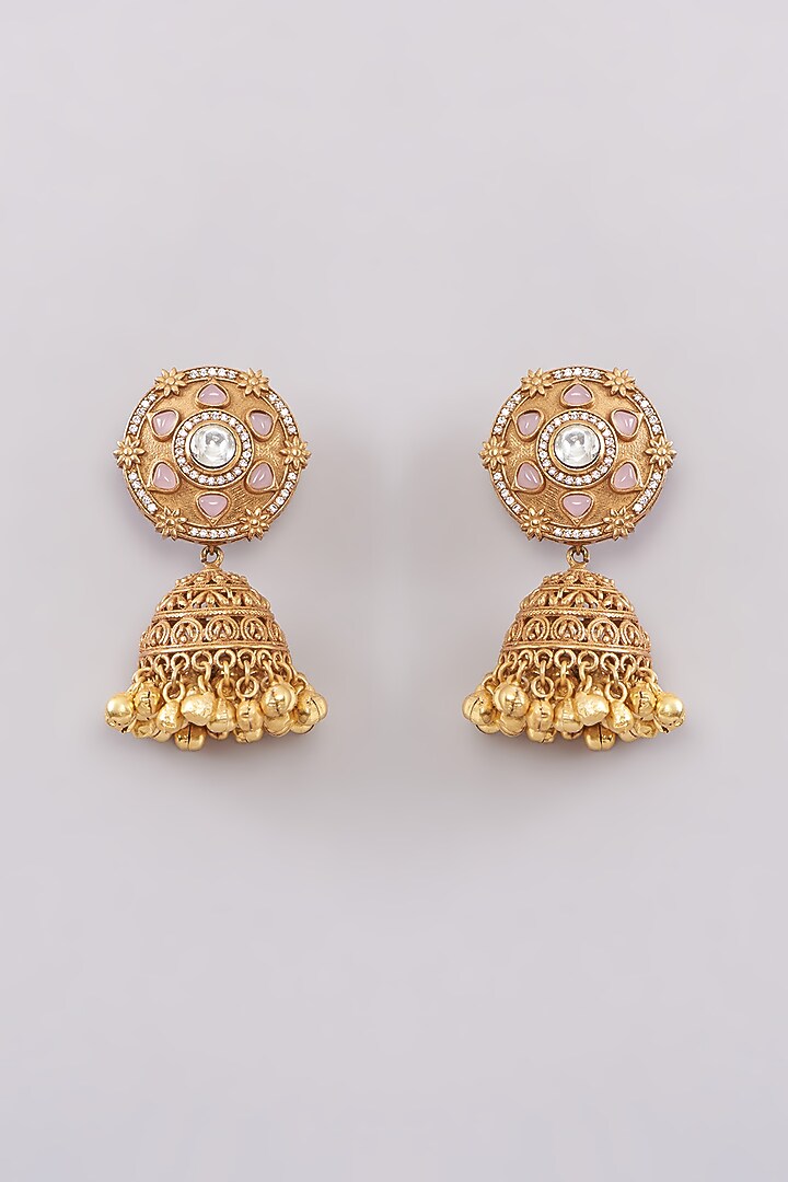 Gold Finish Kundan Polki Jhumka Earrings by Anjali Jain Jewellery at Pernia's Pop Up Shop