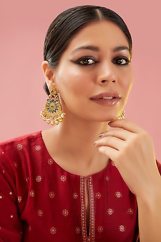 Gold Finish Kundan Polki & Green Agate Chandbaali Earrings by Anjali Jain Jewellery