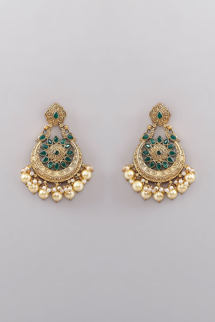 Gold Finish Kundan Polki & Green Agate Chandbaali Earrings by Anjali Jain Jewellery at Pernia's Pop Up Shop