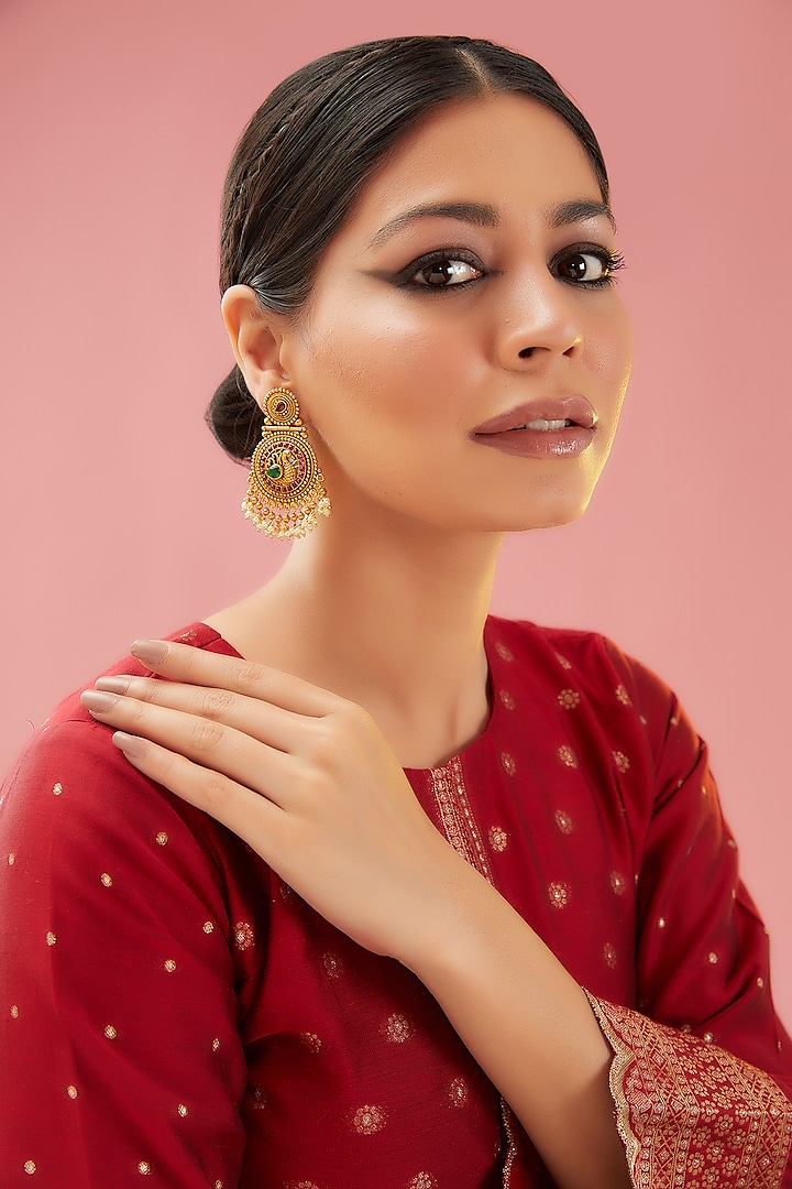 Gold Finish Green Stone Chandbaali Earrings by Anjali Jain Jewellery