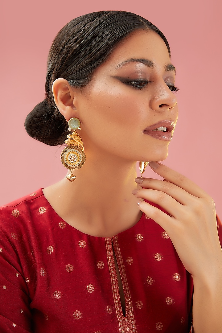 Gold Finish Kundan Polki & Green Onyx Dangler Earrings by Anjali Jain Jewellery