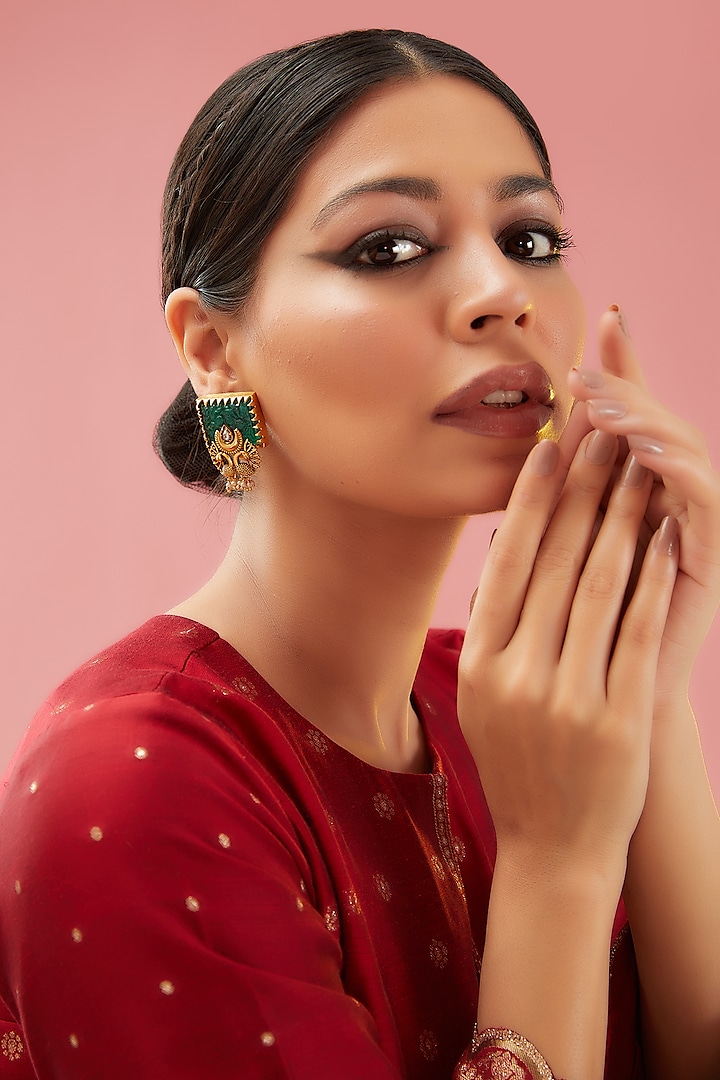 Gold Finish Green Stone & Beaded Stud Earrings by Anjali Jain Jewellery
