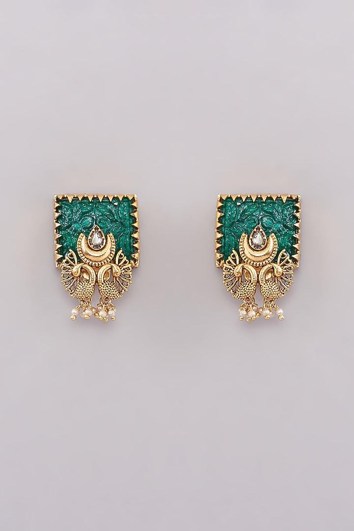 Gold Finish Green Stone Beaded Stud Earrings by Anjali Jain