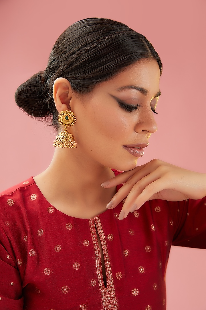 Gold Finish Green Stone & Beaded Jhumka Earrings by Anjali Jain Jewellery