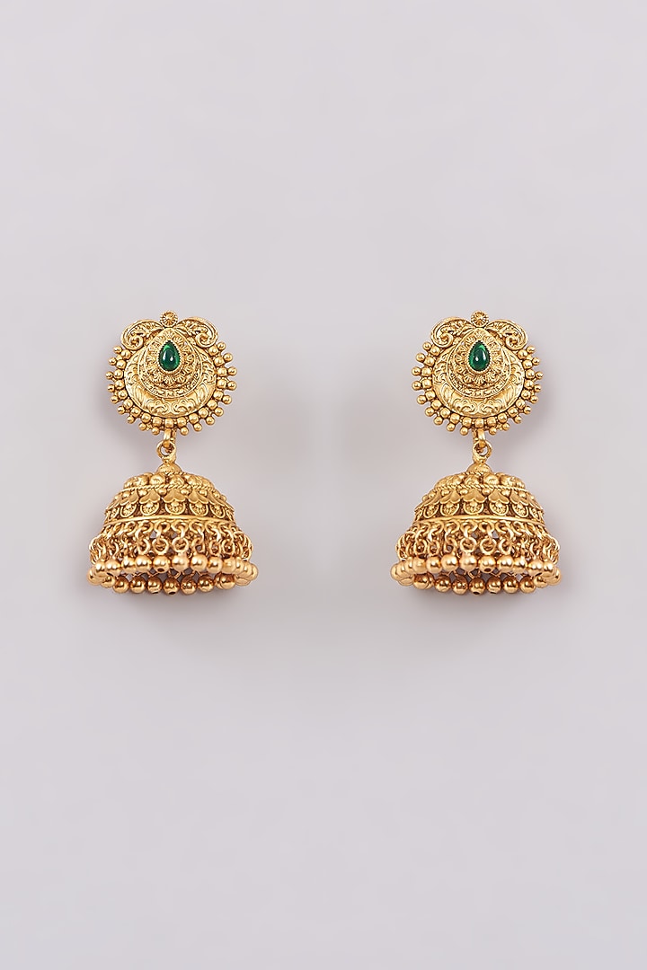 Gold Finish Green Stone & Beaded Jhumka Earrings by Anjali Jain Jewellery at Pernia's Pop Up Shop