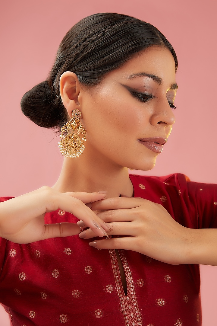 Gold Finish Kundan Polki & Pearl Chandbaali Earrings by Anjali Jain Jewellery