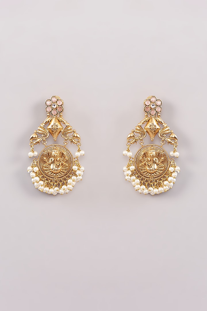 Gold Finish Kundan Polki & Pearl Chandbaali Earrings by Anjali Jain Jewellery at Pernia's Pop Up Shop