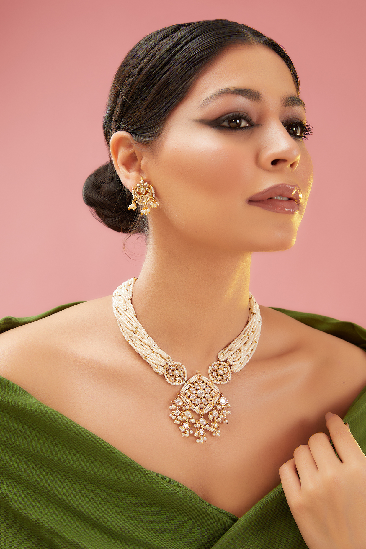 Gold Plated Kundan Polki Pearl Temple Necklace Set by Anjali Jain Jewellery at Pernia s Pop Up Shop