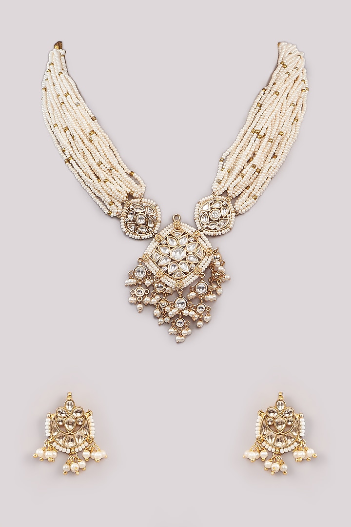 Gold Plated Kundan Polki & Pearl Temple Necklace Set by Anjali Jain Jewellery at Pernia's Pop Up Shop