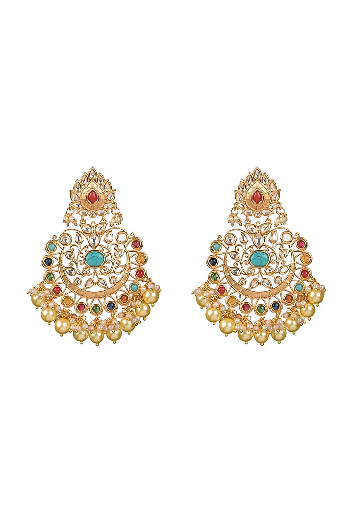 Gold Plated Kundan Polki & Pearl Chandbali Earrings by Anjali Jain Jewellery at Pernia's Pop Up Shop
