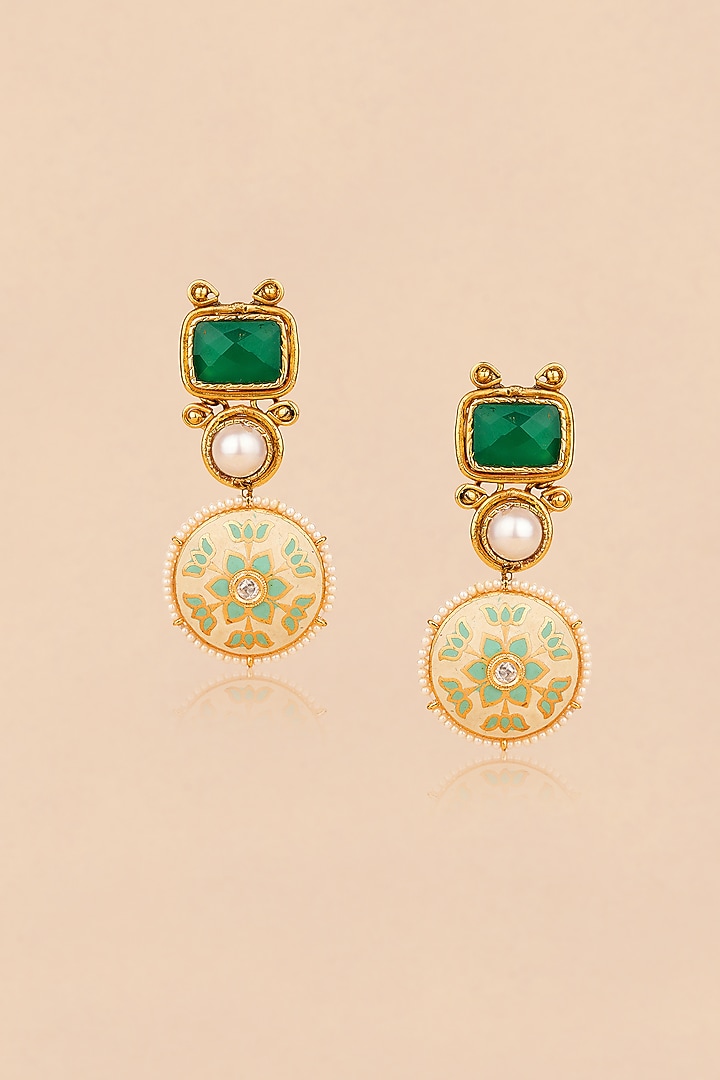 Gold Plated Agate & Pearl Enameled Dangler Earrings by Anjali Jain Jewellery at Pernia's Pop Up Shop