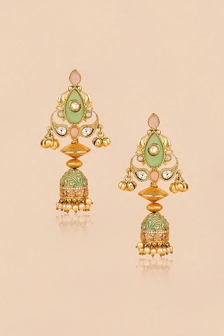 Gold Plated Kundan Polki & Multi-Colored Stone Jhumka Earrings by Anjali Jain Jewellery at Pernia's Pop Up Shop