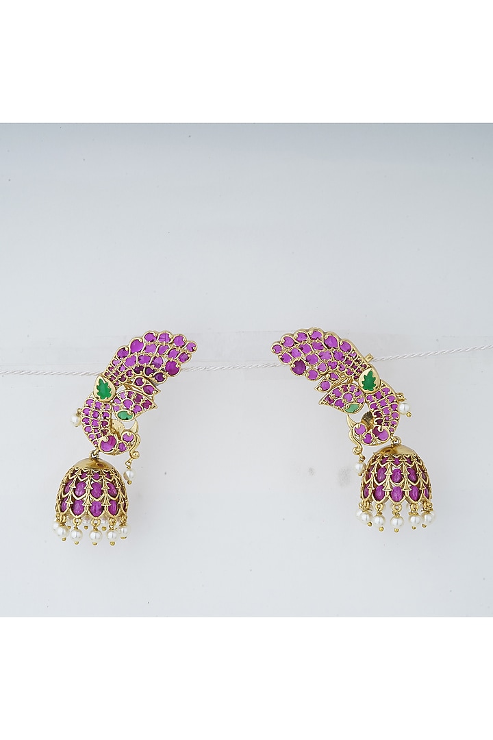 Gold Plated Red & Green Stone Jhumka Earrings by Anjali Jain Jewellery at Pernia's Pop Up Shop