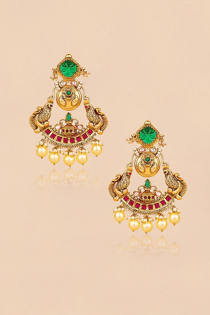 Gold Plated Red & Green Stone Peacock Chandbali Earrings by Anjali Jain Jewellery at Pernia's Pop Up Shop